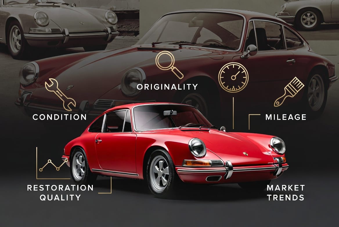 Supporting Image: Elegant infographic-style image featuring a classic car surrounded by floating icons and elegant text labels for appraisal factors including Condition, Originality, Mileage, Restoration Quality, and Market Trends. Professional, sophisticated design with subtle before/after restoration elements.