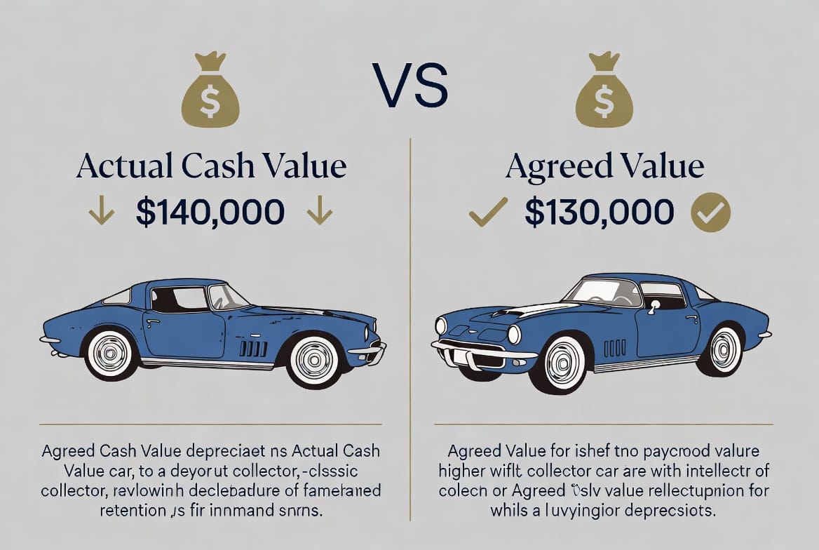 Mid-Article Image: Clean, professional diagram comparing Agreed Value vs Actual Cash Value for a collector car, showing side-by-side illustrations of a vintage car with payout amounts and clear labels highlighting the financial difference.