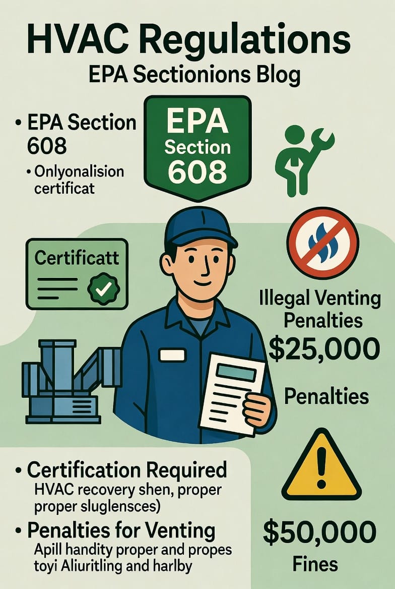 Key EPA regulations and requirements for responsible refrigerant handling – your guide to compliant HVAC service. Supporting Image: Clean infographic-style image showing key EPA regulations with icons – Section 608 certification badge, technician certification card, recovery equipment, and warning symbols for venting penalties, featuring a confident technician in the center holding documentation.