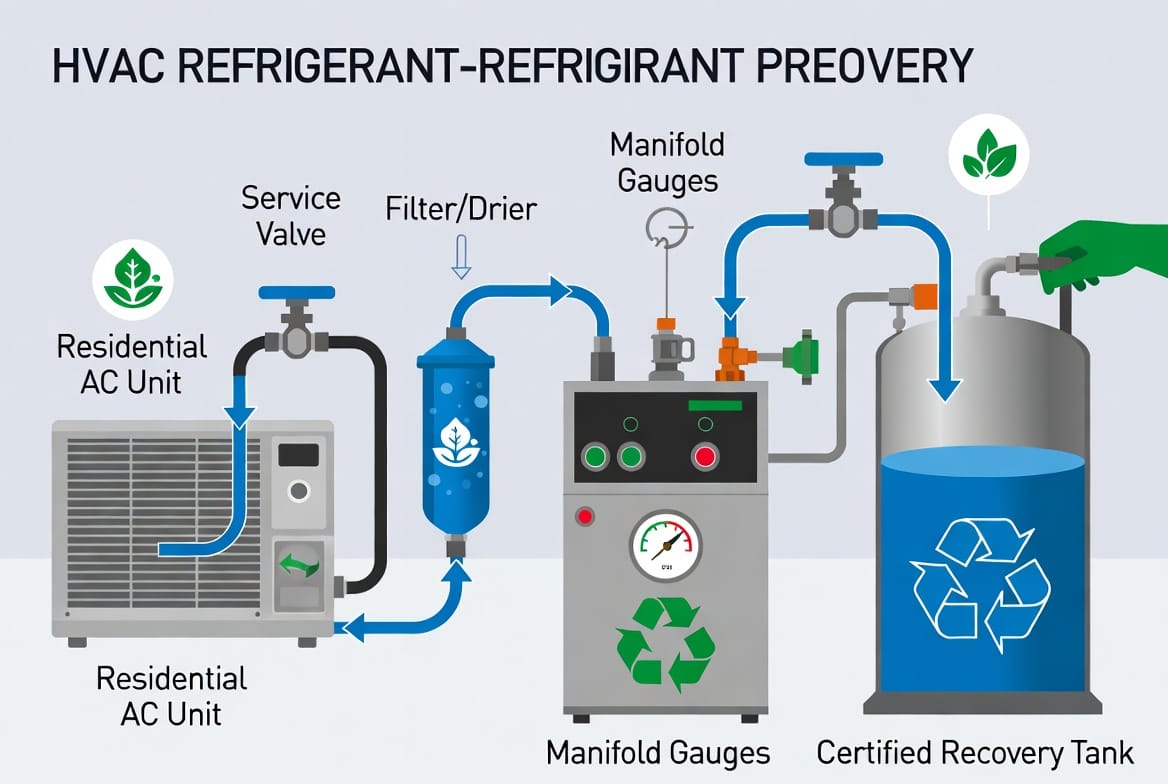 Closed-loop refrigerant recovery process diagram – visualizing the safe, legal handling that protects our environment. Mid-Article Image: Detailed technical diagram illustrating the closed-loop refrigerant recovery process with arrows showing refrigerant flow from AC unit to recovery machine to storage tank, including safety valves, filters, and labeled components, with icons of a technician overseeing the process.