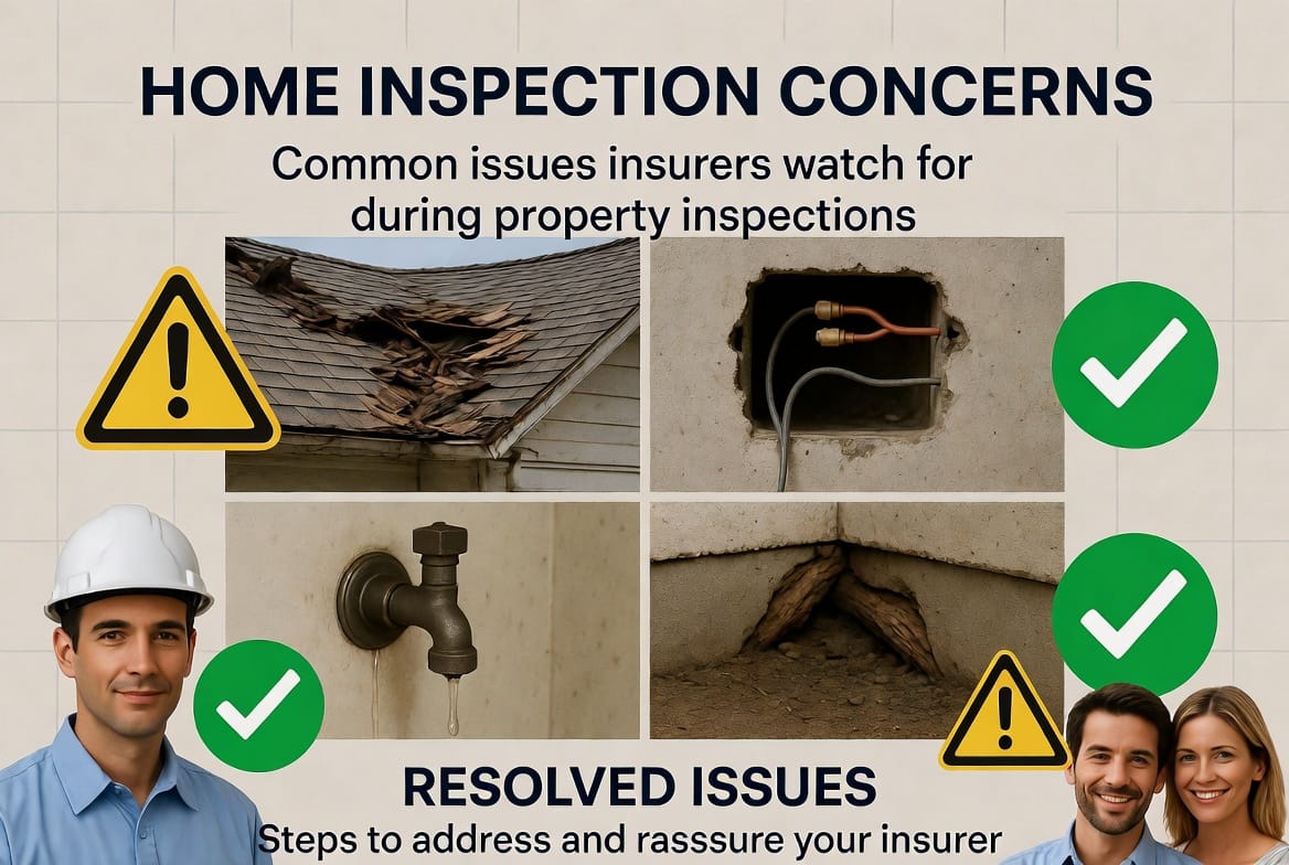 Supporting Image: Professional collage featuring icons and photos of key insurer concerns including an aging roof, knob-and-tube electrical wiring, visible plumbing leaks, and structural wood rot, with clear warning labels and resolution checkmarks. Complex, informative layout with homeowner and inspector elements. Caption: "Key red flags insurers evaluate and how addressing them leads to successful coverage."