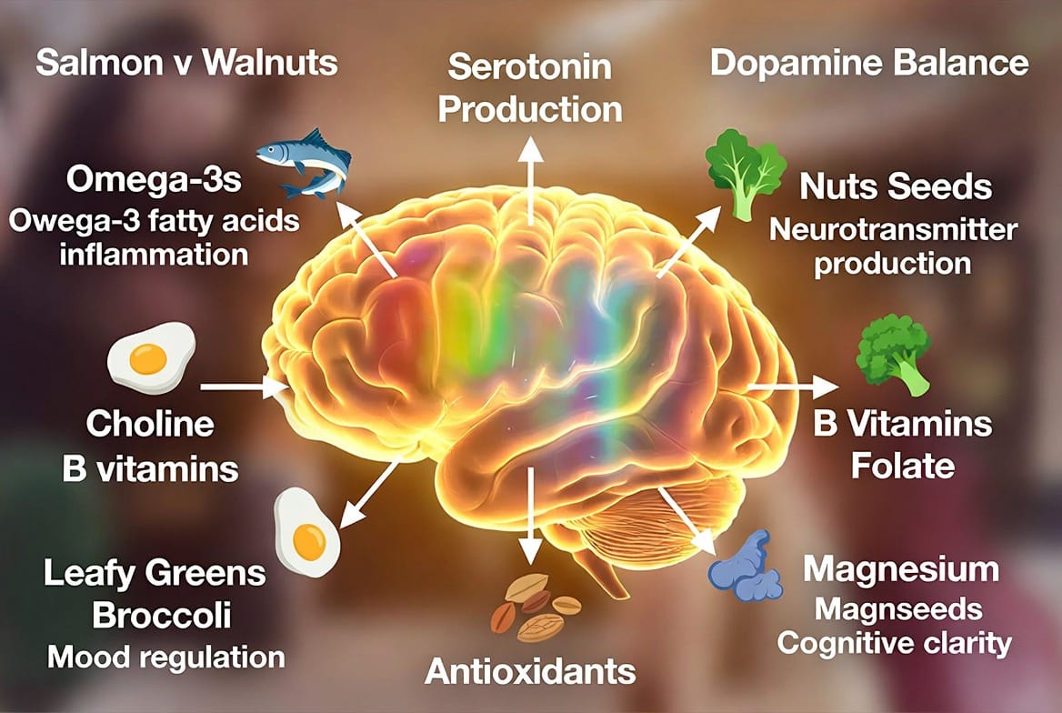 Mid-Article Image: Detailed, colorful scientific-style diagram illustrating nutrient pathways in the brain during recovery. Show icons of salmon (omega-3s), eggs (choline), leafy greens (B vitamins/folate), nuts (magnesium), and berries (antioxidants) connected to neurotransmitter production, dopamine balance, and reduced inflammation. Include subtle human brain silhouette with glowing healthy neural connections, complex layered design with arrows and labels for educational impact. Caption: "How key nutrients rebuild brain chemistry and support emotional stability in recovery."