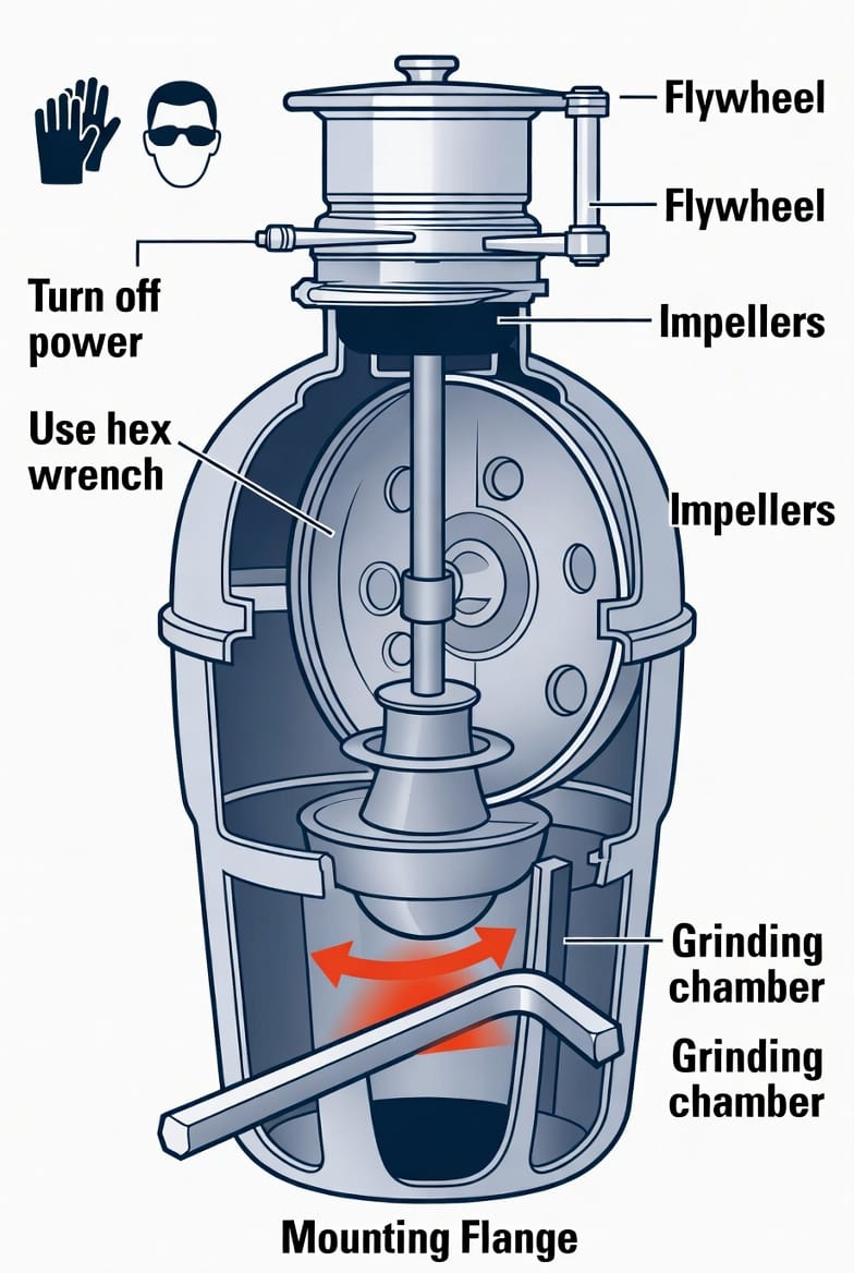 Mid-Article Image: Detailed cutaway diagram of a garbage disposal unit showing the internal flywheel, impellers, and hex wrench insertion point at the bottom. Arrows illustrate back-and-forth rotation to free a jam, with highlighted safety zones and common obstruction areas. Complex technical illustration with labeled parts for clear understanding.