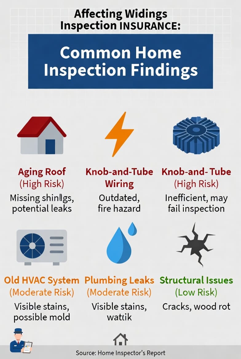 Mid-Article Image: Detailed technical diagram illustrating common home inspection findings like roof wear, electrical wiring types, HVAC age indicators, plumbing leaks, and structural cracks, with icons showing insurance risk levels. Professional infographic style with clear labels and color-coded severity. Caption: "Visual breakdown of inspection issues that influence home insurance underwriting decisions."