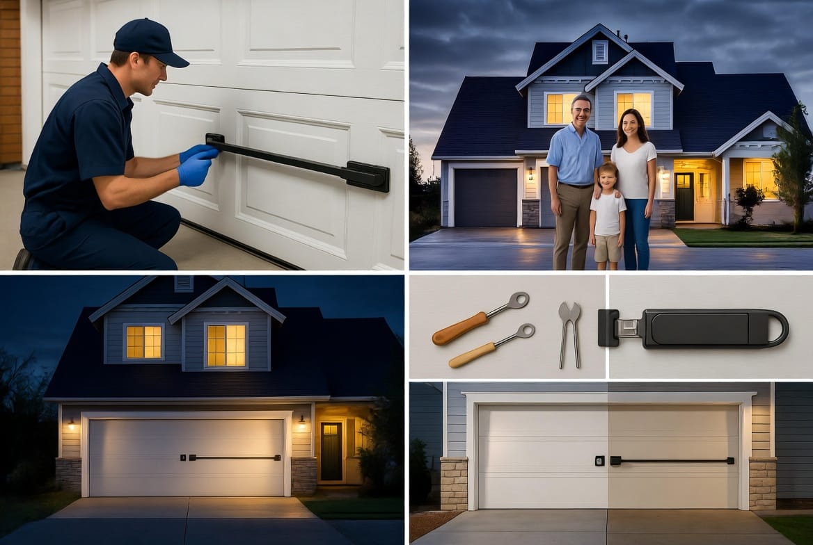 Supporting Image: Iconic photorealistic collage of benefits featuring a uniformed technician and happy Dallas homeowner family reviewing a checklist of advantages. Show extra security (locked door), power outage resilience (stormy background with lit interior), and simple installation (tools and finished lock). Before-and-after transformation elements with motivational atmosphere.
