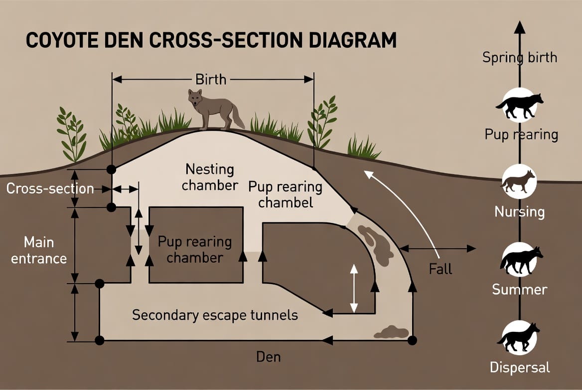 Mid-Article Image: Creative illustration featuring wildlife biologists and technicians collaboratively reviewing a detailed 3D diagram of a coyote den structure, including tunnels, chambers, and a pup-rearing timeline calendar from birth to dispersal. Professionals shown marking safe sealing timelines with tools, before-and-after property protection visuals. Caption: "Diagram of coyote den structure and seasonal pup-rearing timeline, guiding humane management decisions."