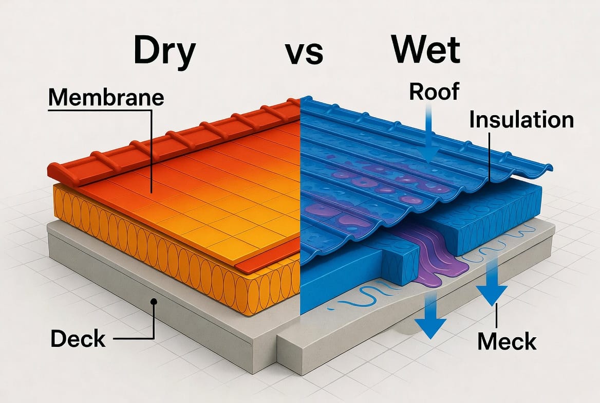 Mid-Article Image: Detailed complex diagram illustration comparing side-by-side thermal views: one section showing wet insulation with distinct cool blue/purple thermal patterns under infrared scan versus dry insulation in warm red/orange tones, cross-section of roof layers with moisture intrusion arrows, labeled components, professional technical infographic style with realistic textures