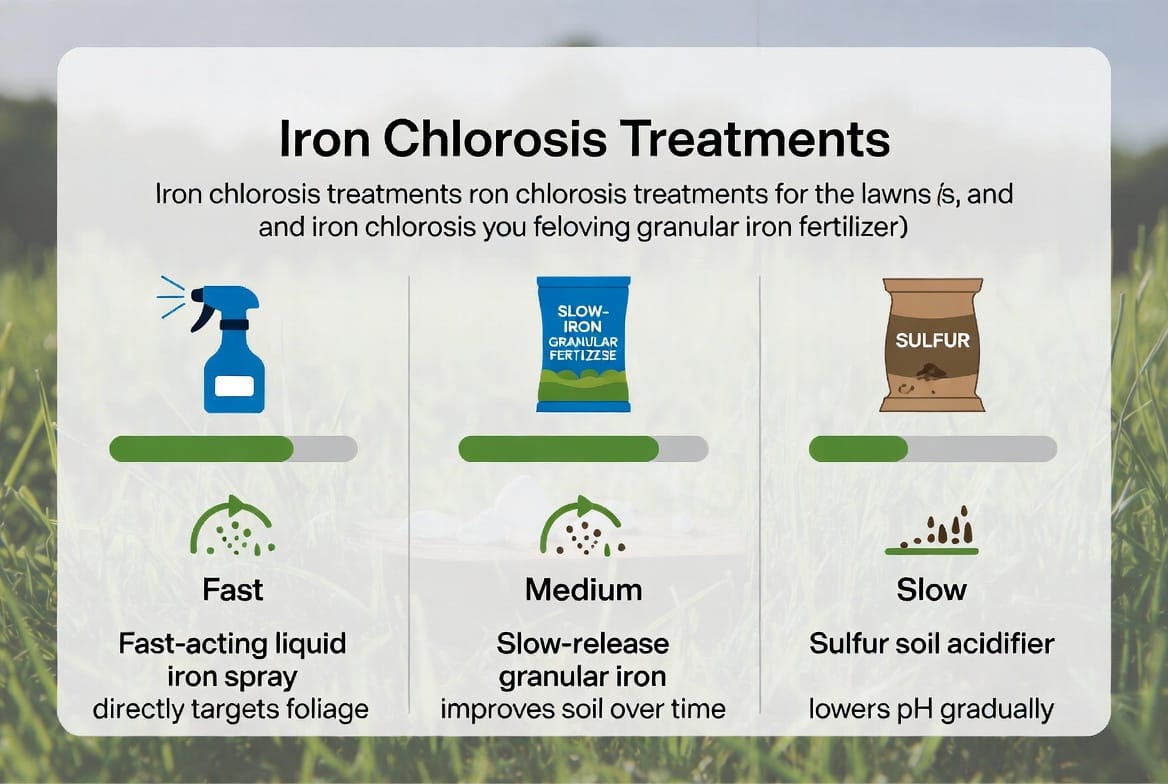 Supporting Image: Professional comparison chart of iron chlorosis treatments featuring liquid iron spray bottle for fast results, granular iron fertilizer for slow release, and sulfur soil acidifier bags, with icons showing application methods, timelines, and effectiveness levels, clean infographic style with lawn background