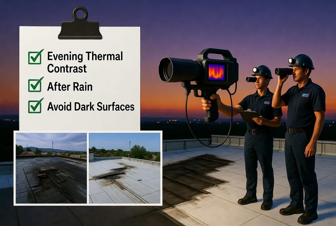 Supporting Image: Complex iconic collage showing a team of roofing experts on a rooftop during evening thermal scan, checklist overlay with icons for optimal conditions (evening thermal contrast, post-rain timing, avoiding dark surfaces), before-and-after repair photos of resolved moisture issues, professional service team collaborating with advanced equipment