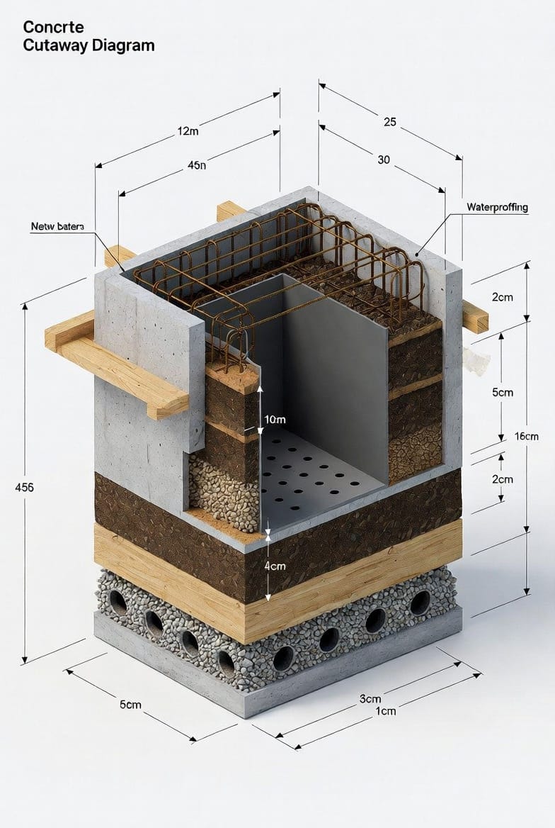 Mid-Article Image: Detailed technical diagram/illustration of a concrete planter box cross-section showing rebar placement, formwork, drainage holes with gravel layers, waterproofing membrane on interior walls, and proper soil depth. Clean labeled cutaway view with professional engineering style, complex details including measurement callouts and material layers.