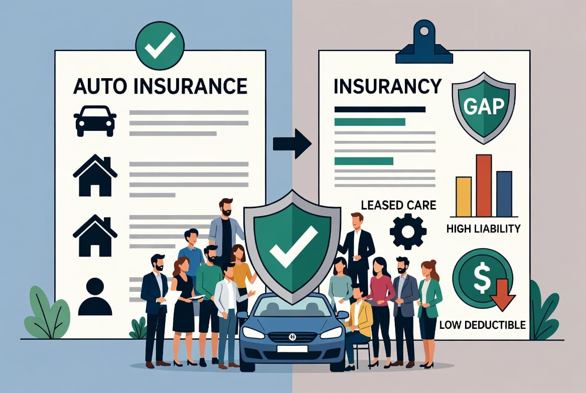 Supporting Image: Dynamic scene of a team of insurance experts and customers solving lease challenges around a conference table with a luxury leased vehicle in background. Visual checklist icons for GAP, high liability, low deductibles, and additional insured status. Before-and-after split showing problem resolution with confident expressions and protective elements.