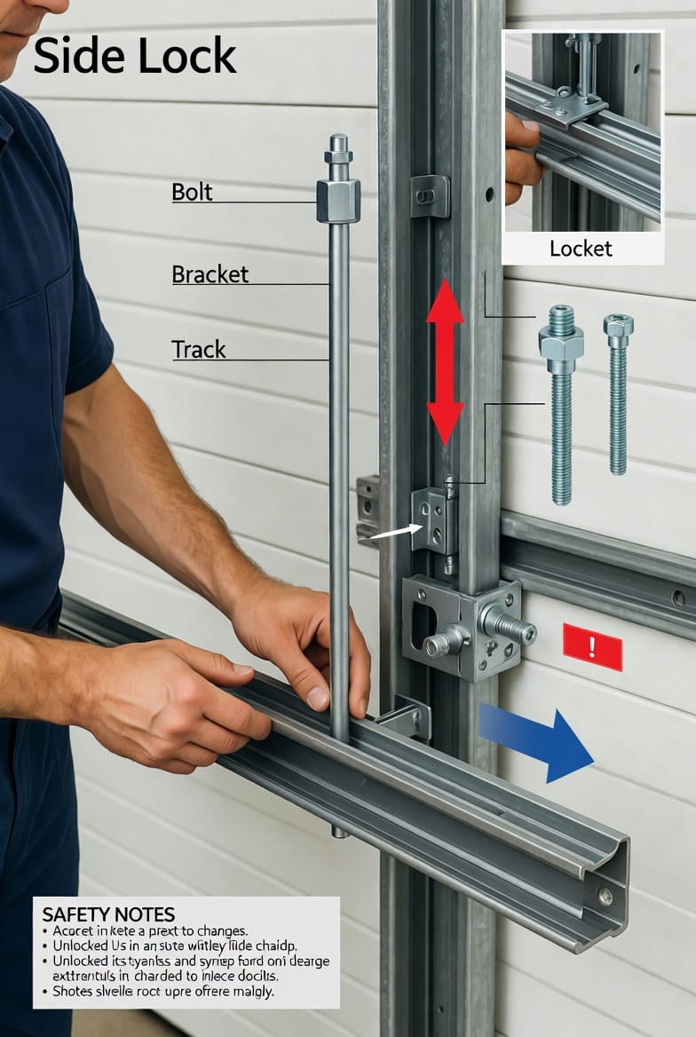 Mid-Article Image: Detailed technical diagram illustration showing step-by-step garage door side lock installation and operation. Include a professional in work uniform demonstrating bolt alignment into the track, labeled parts (bolt, bracket, track), before-and-after views of locked vs unlocked states, and safety notes. Complex, clear, iconic instructional style with precise engineering visuals.