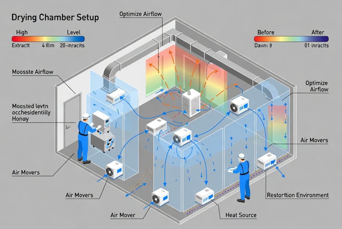 Detailed diagram-style illustration of a drying chamber setup in a residential home. Show cross-section view with plastic barriers sealing off a room, arrows indicating optimized airflow patterns from air movers, dehumidifier placement, heat sources, and moisture extraction paths. Include technicians adjusting equipment and moisture readings on walls/floors. Complex, technical yet realistic style with labeled components and before/after moisture levels.