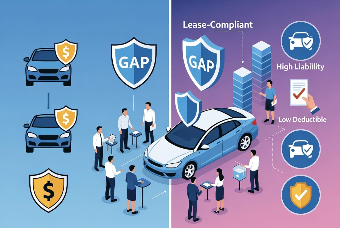 Mid-Article Image: Split-view illustration showing two professionals comparing documents – one side a standard auto policy with basic icons, the other a detailed lease-compliant policy featuring GAP shield, high liability bars, low deductible symbols, and a leased car in the center being safeguarded. Diverse team collaborating in modern setting, before-and-after contrast with risk icons transforming to security.