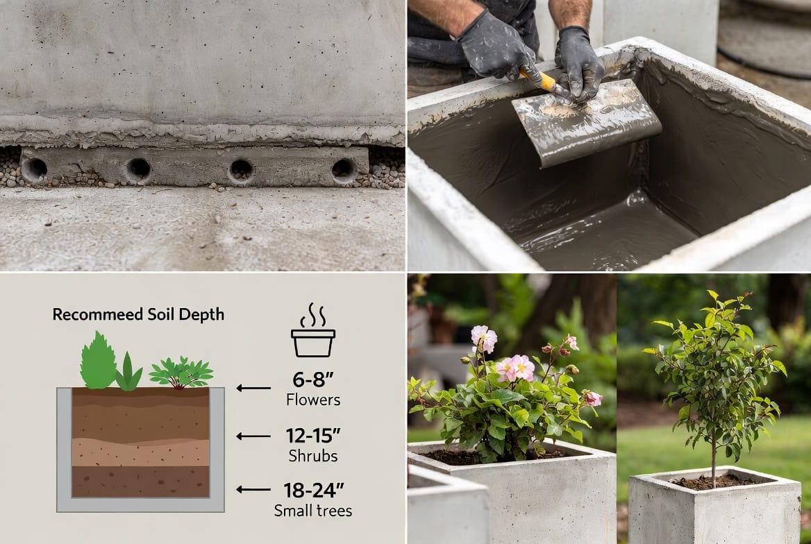 Supporting Image: Professional illustration or photo collage listing key planter requirements with visuals — multiple drainage holes at base, interior waterproofing application process, and cross-section showing recommended soil depth for various plant types. Include icons or examples of thriving plants. Complex, informative layout with clear labels.