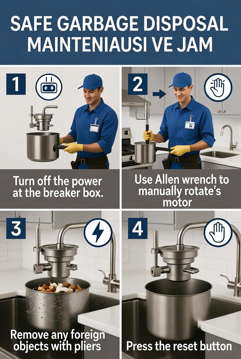 Supporting Image: Step-by-step infographic illustration featuring a uniformed plumber demonstrating the complete process: turning off power at breaker, inserting hex wrench, checking for foreign objects with pliers, and pressing reset button. Clean, iconic instructional layout with numbered steps, safety icons, and before/after disposal views.