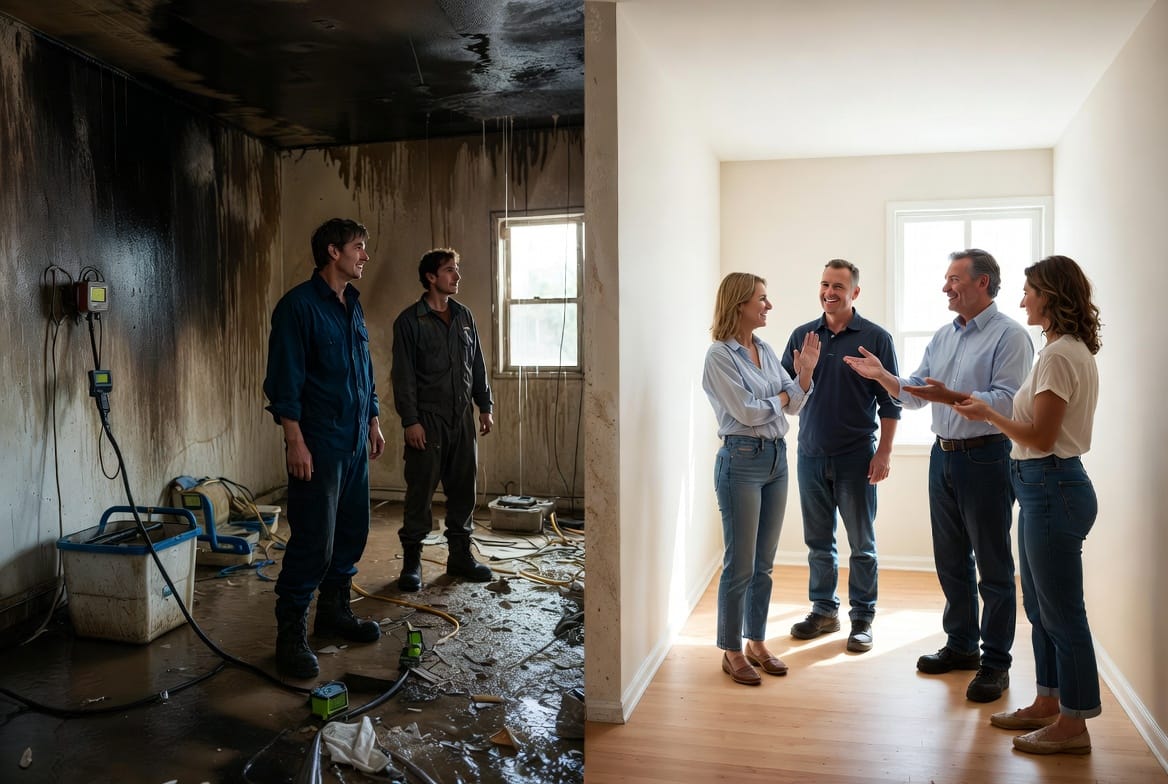 Iconic before-and-after scene of water damage restoration professionals achieving success with a drying chamber. Left side shows technicians facing a severely water-damaged room with standing moisture and wet materials. Right side displays the same space transformed — dry, clean, with happy homeowners inspecting restored walls and floors alongside smiling experts. Include visible drying equipment, moisture meters showing success, and detailed realistic textures.