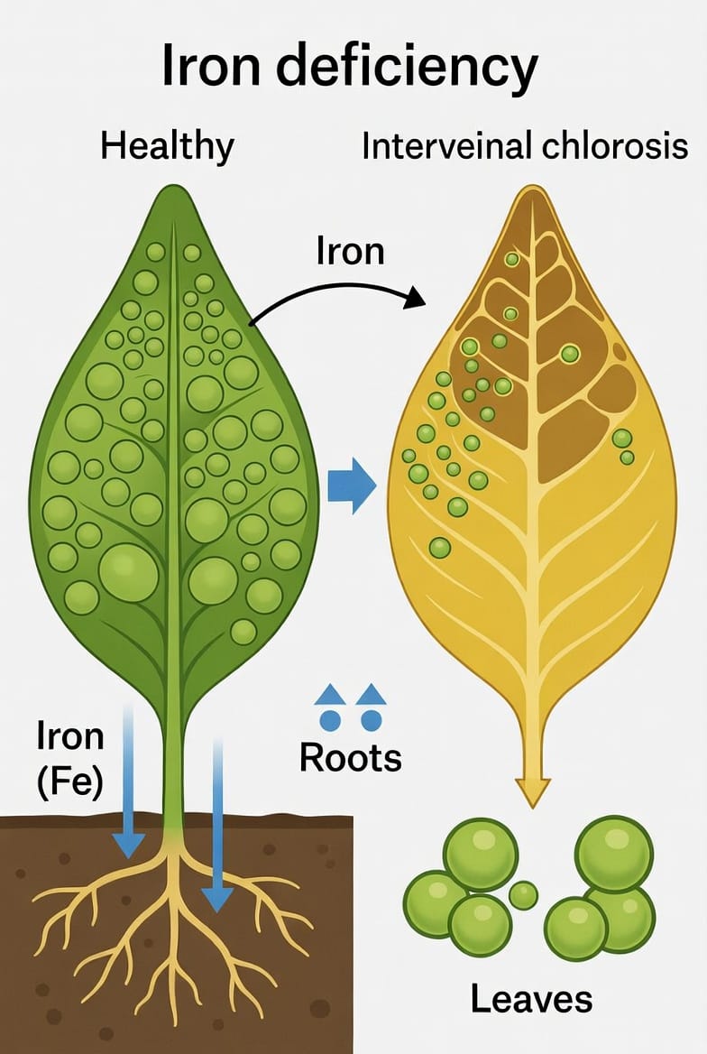Mid-Article Image: Detailed scientific diagram illustration showing iron deficiency impacting chlorophyll molecule structure, with cross-section of leaf cells comparing healthy green chlorophyll production versus impaired yellowing process due to iron shortage, labeled arrows and educational icons, professional botanical art style