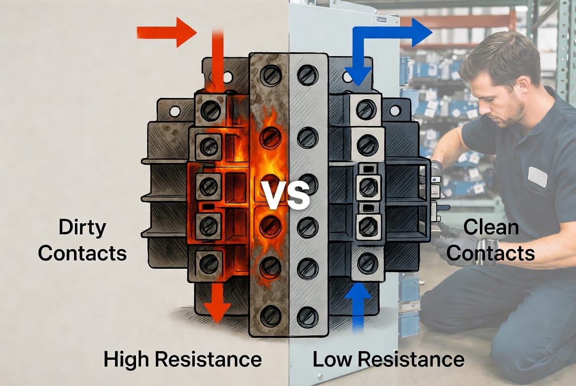 Mid-Article Image 1: Two HVAC technicians collaborating on-site — one using specialized tools to clean a contactor while the other checks voltage readings. Split-view inset displays close-up of dirty corroded contacts causing resistance (red heat glow) versus clean contacts with smooth efficient current flow. Professional service van and residential home visible.
