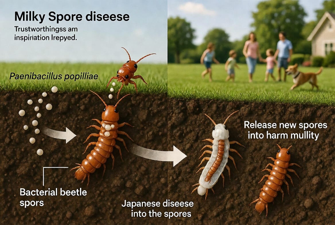 Mid-Article Image: Detailed scientific-style illustration showing the milky spore bacteria (Paenibacillus popilliae) lifecycle – spores ingested by a grub, multiplying inside its body, turning the grub milky white and killing it, then releasing new spores into the surrounding soil. Include healthy grass roots above, a family with children and dog playing safely on the lawn, and subtle before/after soil health comparison. Complex, iconic composition with microscopic details blended into a realistic lawn scene.