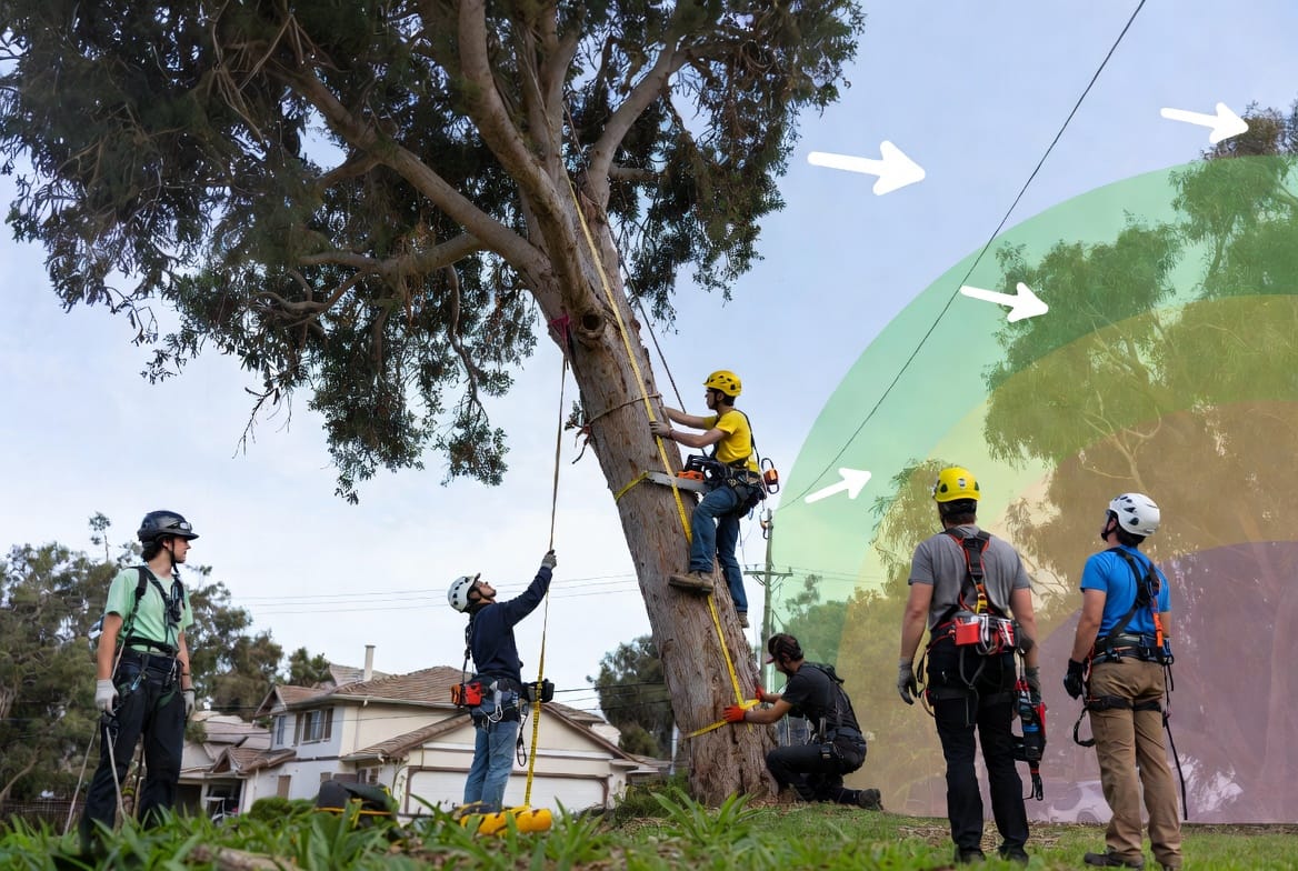 Supporting Image: Dynamic scene of arborists assessing multiple factors around a large tree scheduled for removal. Visual elements include annotated overlays highlighting tree lean measurement, canopy weight analysis, wind direction indicators, and obstacle mapping. Team of professionals collaborating with measurement tools, safety equipment, before-and-after cleared drop zone visible in background. Intricate details showing complex decision-making process, realistic suburban setting with homes nearby.
