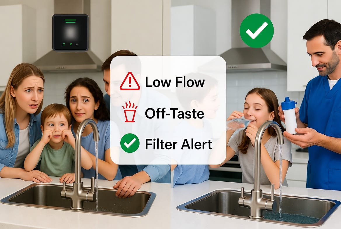 Supporting Image: Professional before-and-after collage showing refrigerator water dispenser issues - left panel with low flow and off-taste warning icons, right panel with clear strong water flow after proper service. Include technician helping family, filter indicator lights, and checklist of replacement signs. Complex, realistic kitchen setting. Caption: "Common signs your refrigerator filter needs replacement: low flow, off-taste, and indicator alerts."