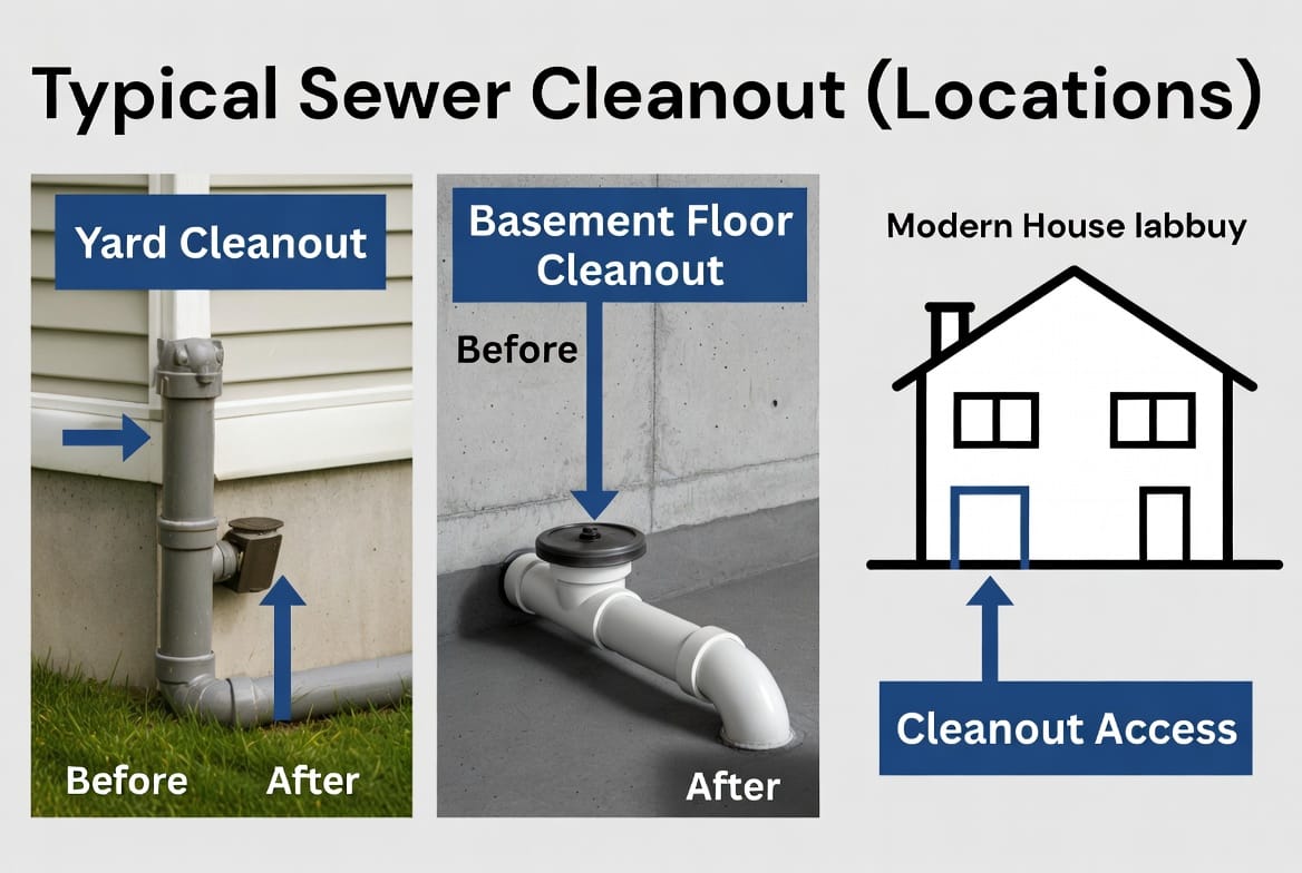 Visual guide to common sewer cleanout positions in various residential setups – preparation starts with understanding your layout. Mid-Article Image: Detailed, clean architectural diagram illustrating typical sewer cleanout locations across different home types – single-story house with yard cleanout, two-story home with basement access, and modern foundation setup. Use icons, labeled arrows, color coding for clarity, and a professional technical illustration style with before/after problem-solving elements like a plumber at work.