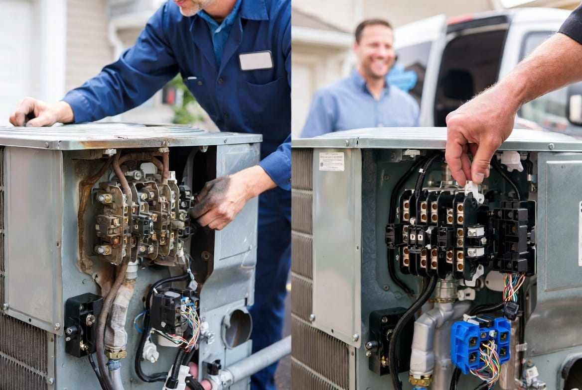Mid-Article Image 2: Before-and-after service scene showing HVAC professional completing contact point restoration. Left side: Technician addressing corroded components with visible issues; right side: Clean, restored contacts with system running smoothly. Smiling homeowner in background reviewing service report, modern tools and diagnostic equipment present.
