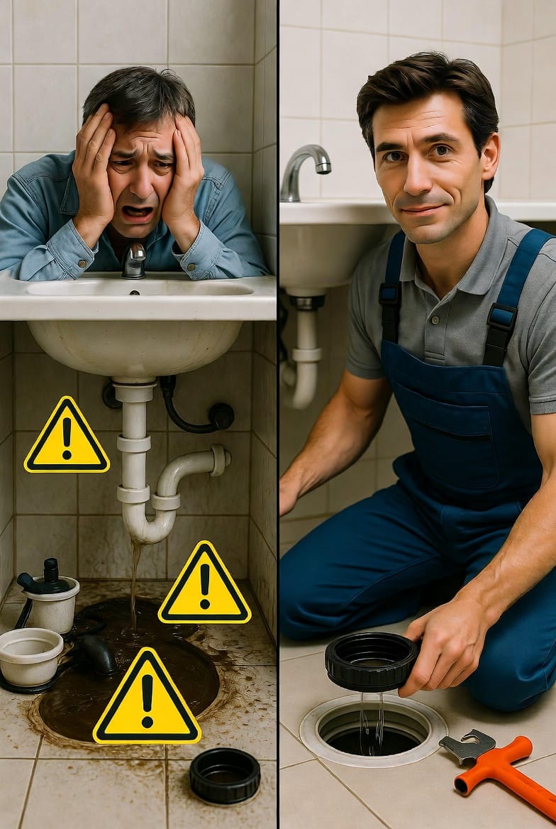 Recognizing the signs and taking control – professional access to your sewer cleanout restores normalcy quickly. Supporting Image: Dynamic before-and-after split scene showing a stressed homeowner dealing with slow drains and backups on one side, transitioning to a confident plumber efficiently accessing the cleanout and resolving the issue on the other. Include icons for warning signs like gurgling pipes, multiple slow drains, and sewer odors, in a realistic, empowering photographic style with warm lighting.