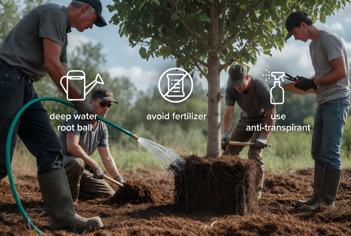 Supporting Image: Professional arborists demonstrating best practices – one team member deep watering around the base, another applying mulch carefully, a third monitoring with tools. Includes clear icons and checklist: deep water, skip fertilizer, use anti-transpirant, regular monitoring. Shows healthy team collaboration solving tree transplant challenges with before/after tree health visuals.
