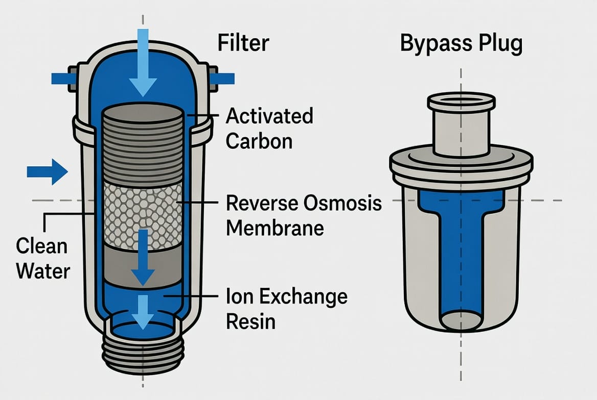 Mid-Article Image: Clear technical diagram comparing water flow paths - left side showing full filter cartridge with multi-stage filtration layers, right side showing bypass plug with direct flow channel. Professional engineering style with arrows, labels, and color-coded clean vs. unfiltered water. Caption: "Diagram illustrating filter versus bypass plug water flow paths in refrigerator systems."