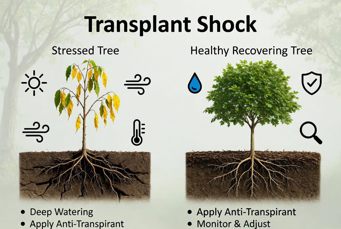 Mid-Article Image: Detailed before-and-after diagram of a transplanted tree. Left side shows wilting leaves, reduced root system, and stress indicators. Right side illustrates healthy recovery with new root growth, lush foliage, deep watering penetration, and mulch layer. Includes icons of proper care steps and a professional arborist observing progress.
