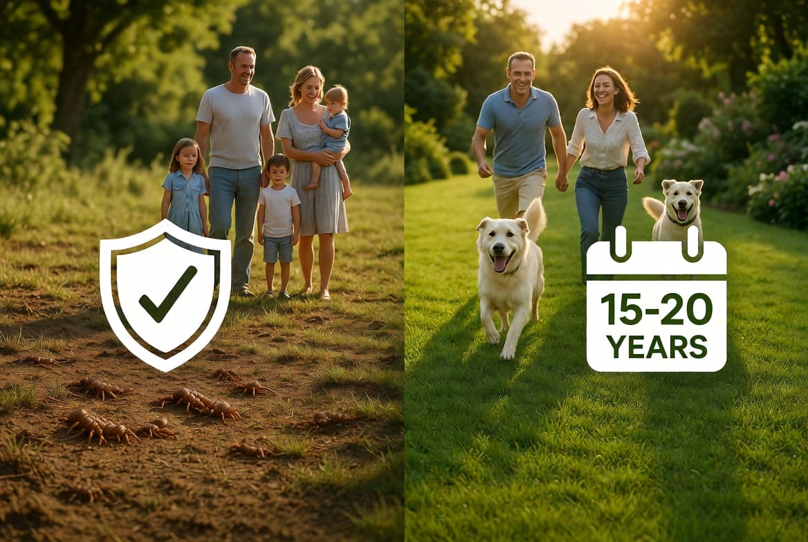 Supporting Image: Iconic before-and-after split scene – left side shows damaged lawn with visible grubs and sad family; right side displays thriving emerald lawn with happy people (including children and pets) playing, overlaid with elegant benefit icons: shield for pet safety, calendar for 15-20 year longevity, and root system for grub prevention. Complex, inspirational composition with natural lighting and detailed landscaping elements.