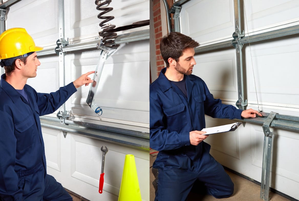 Mid-Article Image: Two professional garage door service technicians working together on a garage door system, one pointing to the bottom bracket location while demonstrating its role with safety tools, clear before-and-after comparison panels showing damaged vs repaired bracket, detailed annotations on cable and spring connections.