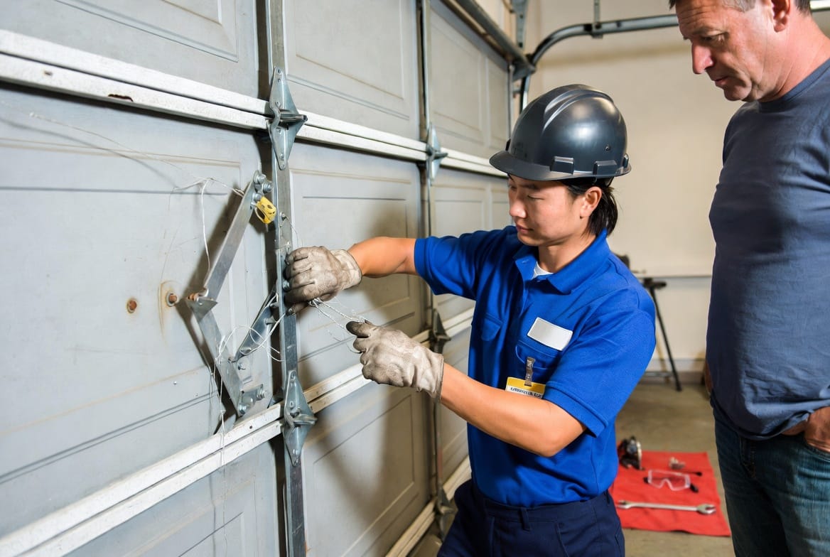 Supporting Image: Professional garage door repair expert examining cable fraying and bracket damage on site, with homeowner present, side-by-side before-and-after repair visuals, safety equipment displayed, clean workspace showing resolved issues and properly functioning door.